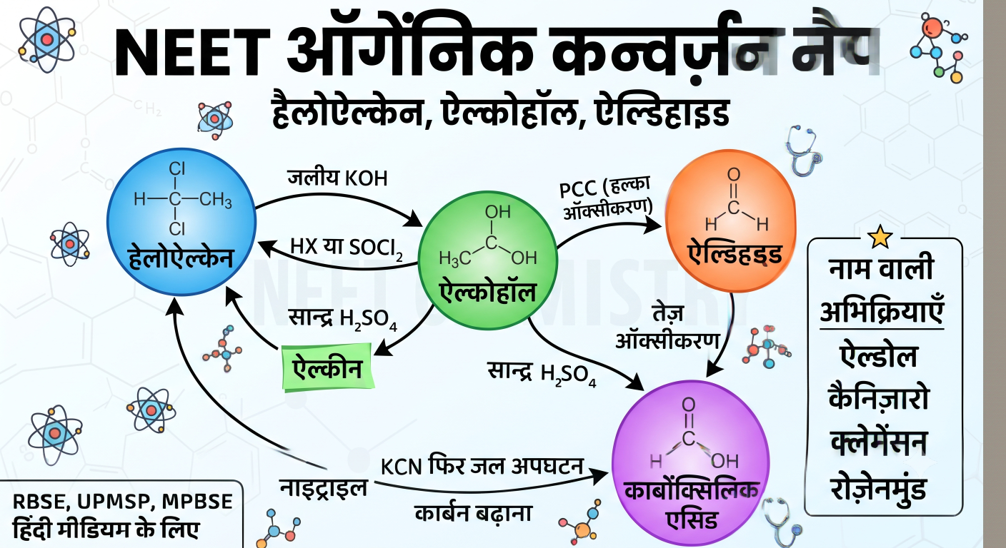 NEET में ऑर्गेनिक कन्वर्ज़न मैप : हैलोऐल्केन, ऐल्कोहॉल और ऐल्डिहाइड