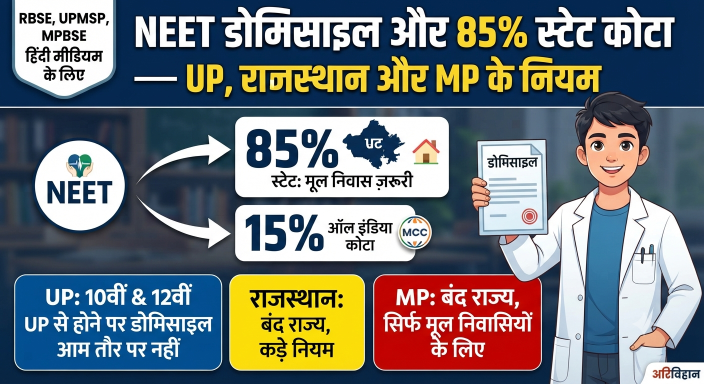 NEET में डोमिसाइल और 85% स्टेट कोटा : UP, राजस्थान और MP के नियम